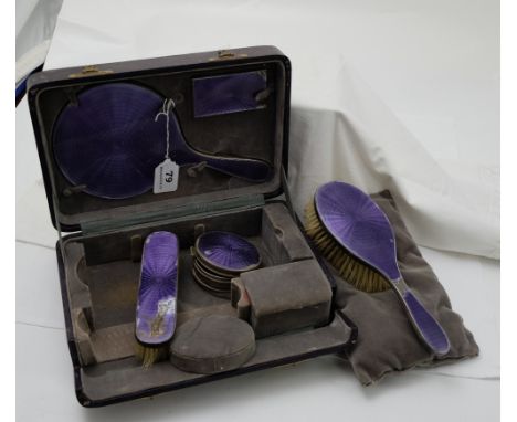 Cased Enamel and Silver Backed Lady’s Vanity Set including hair brushes and mirror etc