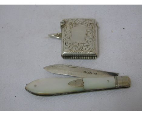 HM Silver vesta along with a mother of pearl handed pen knife with HM silver blade
