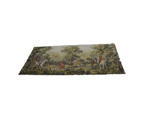 20th century Belgian tapestry, depicting a hunting party in woodland, 360x152cm.