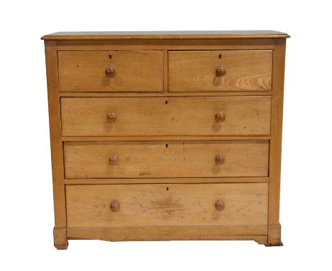 Late Victorian mahogany light oak chest of drawers, two short and three long graduating drawers with turned handles, width 12