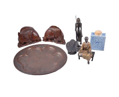 Eastern metal plate, floral decoradted, 34cm, carved stone duck with metal disc R; a pair of carved Koi Carp with glass eyes;