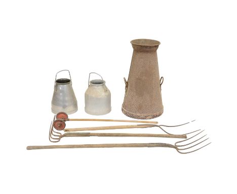 Large metal milk churn, 85cm high, pitch forks, two smaller galvanised churns, etc