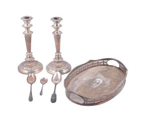 Collection of silver plate including set of three matching candlesticks, 29.5cm, and a large candlestick (drilled for electri