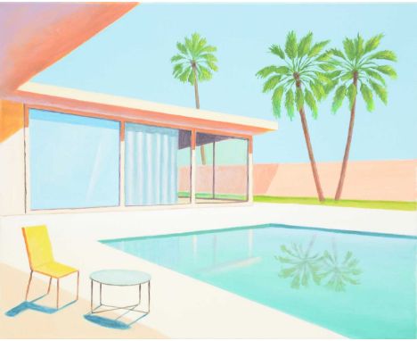 Jan Olech, The Pool, in the manner of David Hockney,oil on canvas, signed dated 2023 verso,50x60cm.