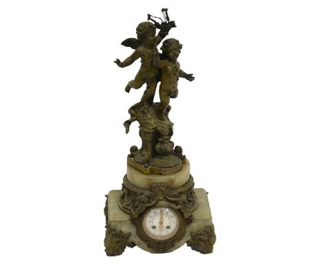 French spelter and onyx mantel clock, Triomphe des Arts after Emile Bruchon, enamel dial with painted swags, cylinder movemen