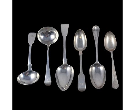 Box of mixed loose silver flatware, Georgian and later table spoons; two sauce ladle; christening spoon, total weight 25oz.