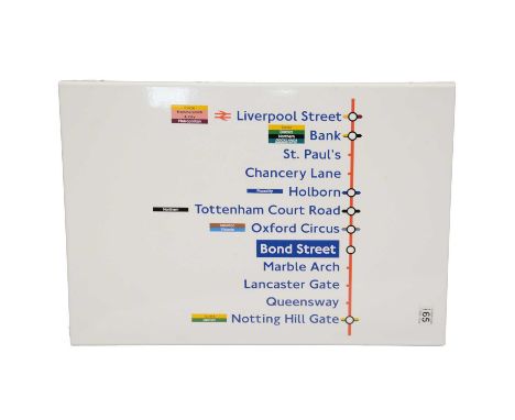 TFL London Underground 'Central Line' route signage - Liverpool Street to Notting Hill Gate - enamel, 60x43cm.