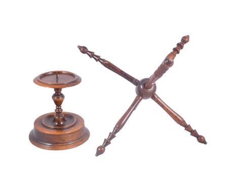 Walnut pricket candlestick, baluster column, platform base, 18cm; and a turned mahogany 'cat' stand, height 22cm.Qty: 2Condit