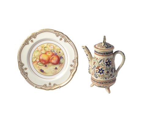 Spode cabinet plate, painted with apples and blackberries by Ken Rose, 24cm, and a Thoune pottery coffee pot.Qty: 2Condition 