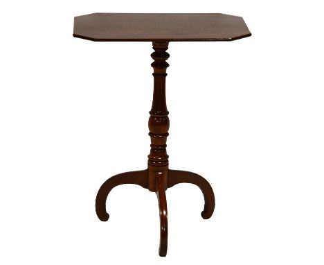 Victorian mahogany tripod table, rectangular top with canted corners, ringed column, tripod legs, 54cm x 40cm, height 68cm.Co