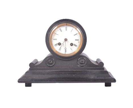 Victorian slate mantel clock, French cylinder movement, white circular dial with Roman numerals, 30cm wide.