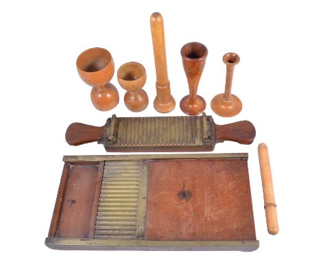 Victorian brass-mounted mahogany pill roller, length 33cm; glass thermometer in a beech case; a glass test tube in a beech ca
