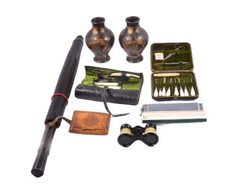 A parasol; Blessing harmonica; pair of Gerbing &amp; Stephen 13cm vases, two manicure sets, one in a case with mother-or-pear