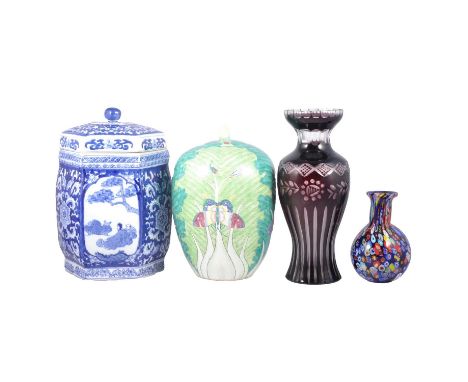 A pair of large blue and white Chinese style hexagonal jars and covers, 36cm; another 32cm circular jar and cover decorated w