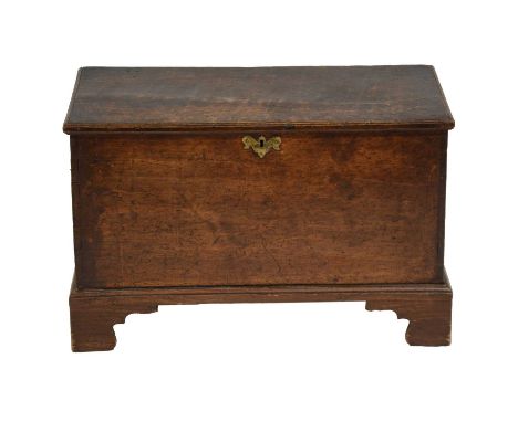 Boarded oak and beechwood blanket box, moulded edge, revealed construction, bracket feet, old woodworm, width 76cm, height 47