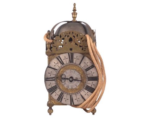 John Goodman, a brass lantern clock, 16.5cm silvered Roman numeral dial, striking on a bell, with pendulum and wall bracket.