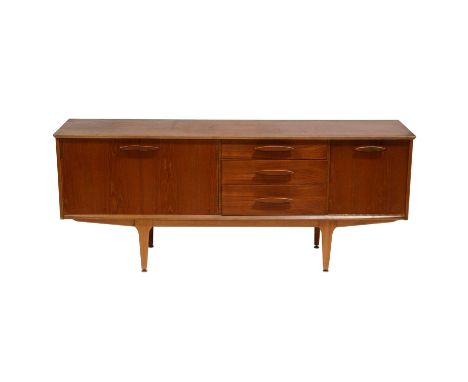 Jentique teak dining suite, including a sideboard, low line with cupboards and drawers, length 184cm, depth 44.5cm, height 75