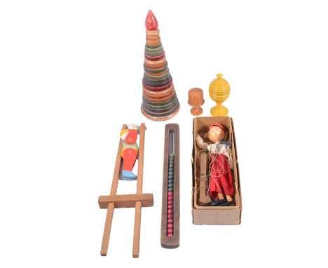 Collection of vintage wooden childhood toys and games including a Picot puppet, boxed; an acrobat toy; child's abacus; two co