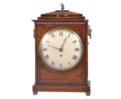 Regency rosewood mantel clock, brass inlay, stepped cornice, circular painted dial, single fusee timepiece movement, 44cm.Con