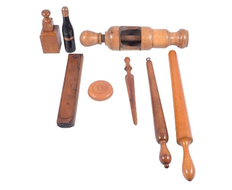 Small collection of treen including Ebonised and copper mounted novelty folding pipe, designed as a champagne bottle, inscrib