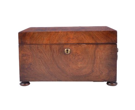 Large mahogany caddy, 19th century, casket form, burr walnut banding to the cover, lion mask handles, raised on bun feet, wid