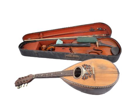 Violin, unlabelled, 60cm, in a wooden shaped 'Maidstone' case, with two bows; and a Mandolin, labelled Alfredo Albertini, Cat