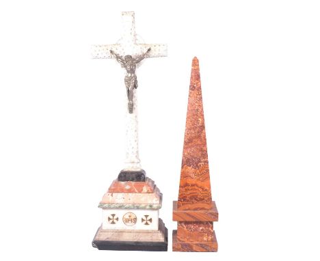 Marble obelisk, 43cm, and a mable and carved stone altar cross, cast metal Christ figure, 53cm (old repairs)