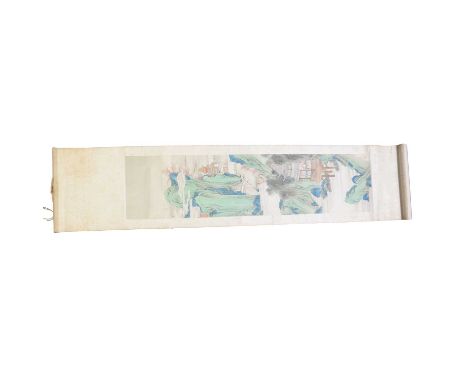 Three Chinese painted scrolls, 19th century, Qing, including a pair of vertical mountain landscapes, 119x26cm; and a horizont