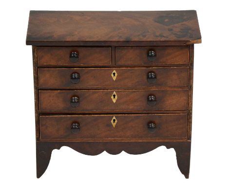 Victorian mahogany apprentice chest of drawers, two short and three long graduating drawers with bone escutcheons, bracket fe