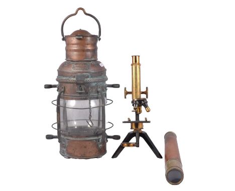 A Davey's Patent Yacht Lamp, numbered 16047, 43cm; a Ross of London leather covered telescope, numbered 63719, 50cm; an R &am