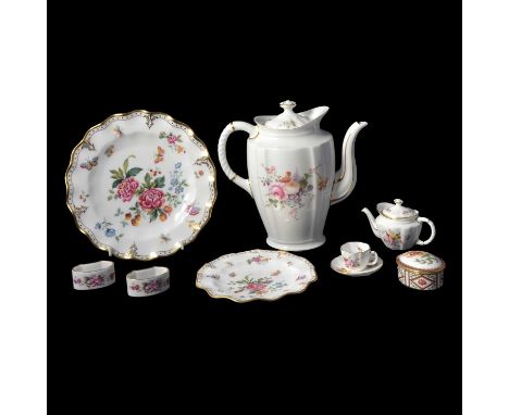 Pair of Royal Crown Derby dessert plates, Derby Days pattern; a similar tea plate; Derby Posies pattern coffee pot; miniature