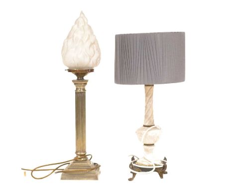 Silver-plated column table lamp, supporting a frosted glass flame shade, 68cm; and another onyx column table lamp, raised on 