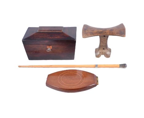 Victorian rosewood sarcophagus shaped tea caddy, width 23cm; mahogany folding mirror; conductor's baton and an African tribal