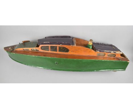 A Vintage Wooden Radio Controlled Model of a Motor Boat with Engine but no Controls, 88cms Long 