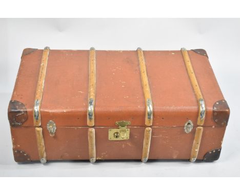 A Vintage Canvas Covered Leather Mounted Travelling Trunk, 91cms Wide 