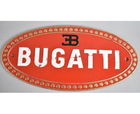 A Reproduction Cast Metal Painted Oval Sign for Bugatti, 35cms by 16.5cms 