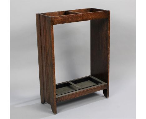 A Mid 20th Century Oak Two Division Stick Stand with Metal Drip Tray, 46cms Wide 