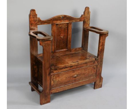 A Mid 20th Century Oak Hall Seat with hinged Lid to Box Store and Side Stick Stands, 84cms Wide 