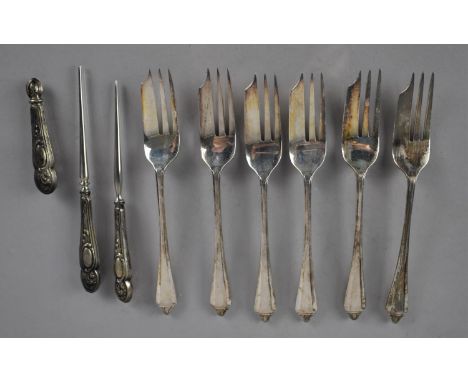 Six Silver Cake Forks together with a Small Collection of Continental Silver Handled Manicure Tools 