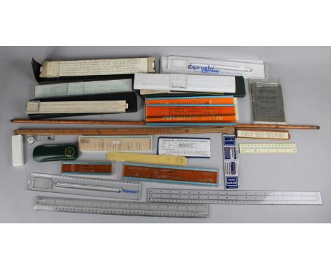 A Collection of Various Modern Scale Rules, Slide Rules, Vintage Wooden Rules Etc 