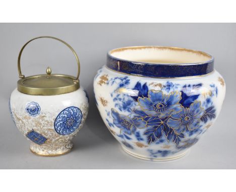 A Haddon Pattern Blue White and Gilt Planter, together with a Similar Osaka Pattern Biscuit Barrel 