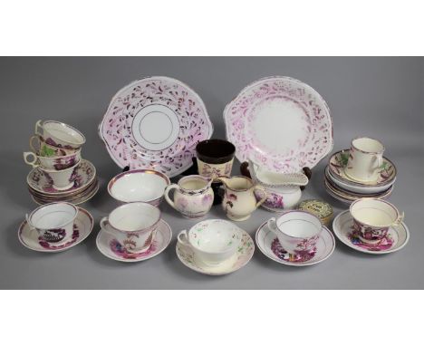 A Collection of Various Ceramics to include Pink Lustre Decorated Cups, Saucers, Milk Jug Etc 