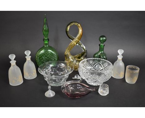 A Collection of Various Glassware to include Large Continental Basket with Elongated and Twisted Handle in Green and Maber Co