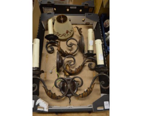 A decorative wrought iron twin branch wall light and a pair of matching single branch wall lights complete with shades.