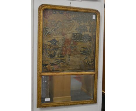 A good 18th century gilt framed combination embroidery and mirror, the upper section embroidered with a biblical scene above 