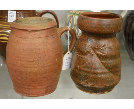 Warren MacKenzie (American) A Leach Pottery vase, brown glazed with impressed decoration together with a stoneware jug.