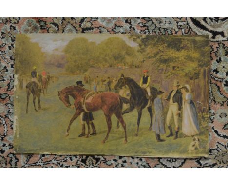 An Edwardian horse racing scene, possibly over a print base, unframed.