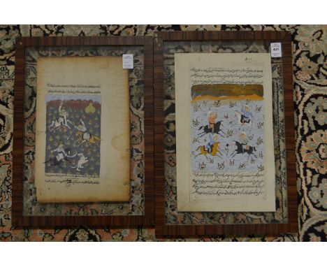 Indian School, two framed and glazed miniature paintings depicting hunting scenes.