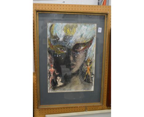 Colourful portrait of a lady wearing a theatrical mask.