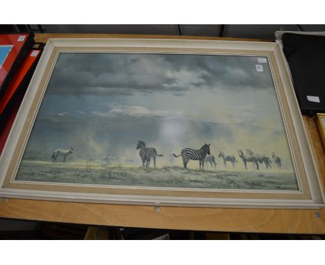 David Shepherd, Zebras at Kilimanjaro, colour print.